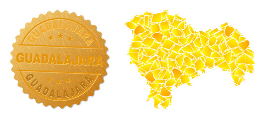 Golden composition of yellow spots for Guadalajara Province map, and golden metallic Guadalajara stamp. Guadalajara Province map mosaic is composed of random golden spots.
