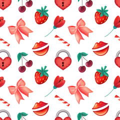 Seamless pattern of lips berries flowers and heart shaped lock on white background for St Valentine Day