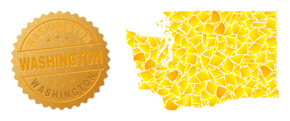 Golden composition of yellow items for Washington State map, and golden metallic Washington stamp seal. Washington State map collage is done from scattered golden particles.