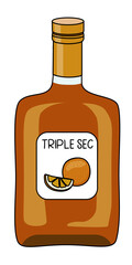 Triple Sec transparent Orange Liquor in a bottle. Doodle cartoon hipster style vector illustration isolated on white background. Good for party card, posters, bar menu or alcohol cook book recipe
