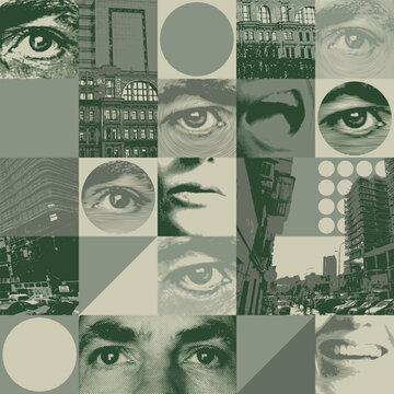 seamless pattern with human eyes and cityscapes