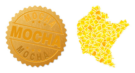 Golden mosaic of yellow fractions for Podkarpackie Voivodeship map, and golden metallic Mocha stamp. Podkarpackie Voivodeship map collage is created of scattered golden spots.