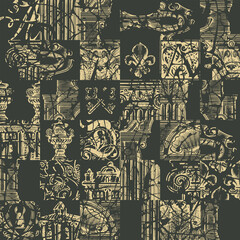 Abstract seamless pattern with hand-drawn architectural fragments and chaotic scribbles on a black. Monochrome vector background in grunge style. Graphic print for wallpaper, wrapping paper, fabric