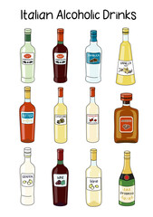Collection set of classic Italian Alcoholic Drinks. Doodle cartoon hipster style vector A4 A3 poster size illustration isolated on white background. For party card, bar menu, alcohol cook book recipe