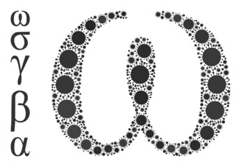 Omega Greek lowercase letter mosaic icon. Vector mosaic is organized of randomized Covid-2019 parts. Covid mosaic Omega Greek lowercase letter icon and more icons.