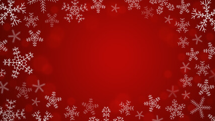 Snowflakes are white in a frame on a red blurred bokeh background. New Year, Christmas illustration with a place for your congratulatory text. Vector.