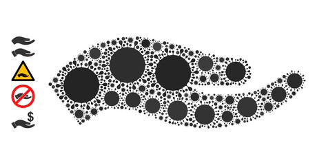 Petition hand mosaic icon. Vector collage created with randomized contagious icons. Coronavirus mosaic petition hand icon, and additional icons. Petition hand collage for medical images.