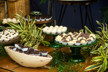 candy on the party table,  condensed milk candy balls, chocolate truffles, brigadeiro, chocolate sprinkles, chocolate candy, condensed milk candy balls, candy balls, candy table, birthday party