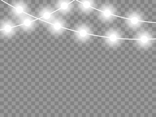 White glowing garlands, lights. Christmas festive, New Year decoration. Vector overlay template. Isolated background.