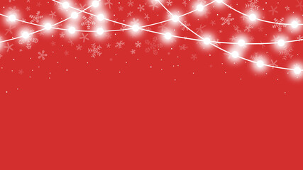 White glowing garlands, lights. The decor is snow. Red background. Christmas holiday light bulbs, Christmas decoration. Vector illustration with space for text.