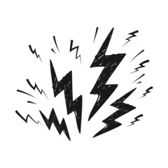 Set of electric lightning, thunder bolt in doodle style. isolated on white background. vector illustration - obrazy, fototapety, plakaty