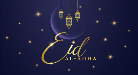 Muslim holiday Eid al Adha Mubarak. Illustration of the Feast of sacrifice with golden letter on the dark night background. Graphic design of Eid al Fitr. Kurban Bayram festival