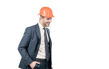 Engineering your dreams with us. Engineer constructor isolated on white. Happy constructor