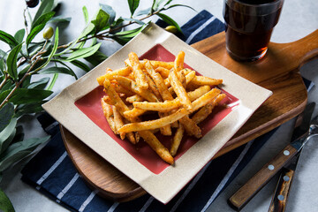 Fried potatoes french fries with coca cola