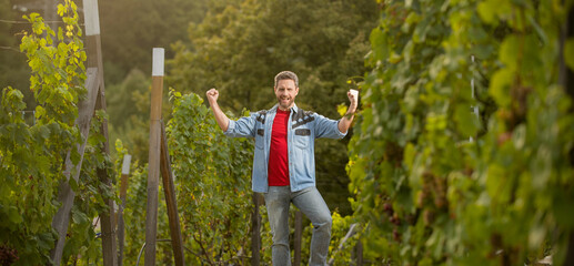 happy farmer vinedresser. male vineyard owner. professional vintner on grape farm