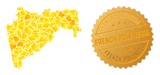 Golden mosaic of yellow items for Maharashtra State map, and golden metallic French Polynesia seal. Maharashtra State map collage is formed of scattered golden spots.