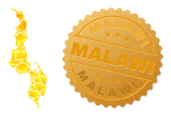 Golden collage of yellow fractions for Malawi map, and golden metallic Malawi seal. Malawi map collage is done of scattered gold particles.