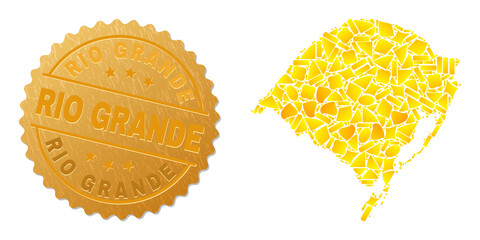 Golden mosaic of yellow fractions for Rio Grande do Sul State map, and gold metallic Rio Grande seal print. Rio Grande do Sul State map mosaic is composed of random gold parts. - obrazy, fototapety, plakaty