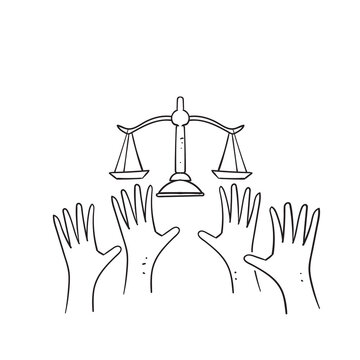 hand drawn doodle hand trying to reach weight scale illustration symbol for justice social day icon isolated
