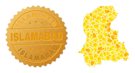 Golden mosaic of yellow particles for Sindh Province map, and golden metallic Islamabad seal. Sindh Province map mosaic is constructed of randomized golden parts.