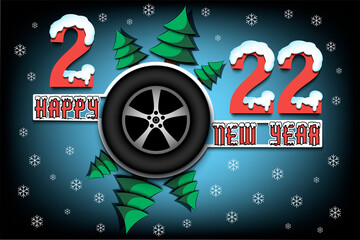 Happy new year. 2022 with car wheel and Christmas trees. Snowy numbers and letters. Original template design for greeting card, banner, poster. Vector illustration on isolated background