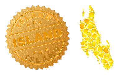Golden composition of yellow items for Zanzibar Island map, and gold metallic Island watermark. Zanzibar Island map composition is formed of random golden items.