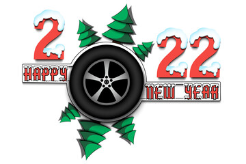 Happy new year. 2022 with car wheel and Christmas trees. Snowy numbers and letters. Original template design for greeting card, banner, poster. Vector illustration on isolated background