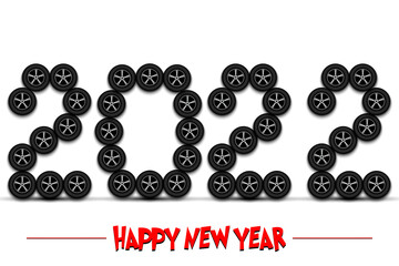 Happy New Year. 2022 numbers made from car wheels. Design pattern for greeting card, banner, poster, flyer, party invitation, calendar. Vector illustration