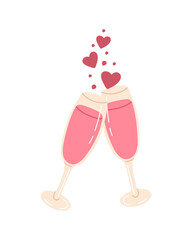 Vector isolated element. Champagne or wine with hearts. A drink for Valentine day. Symbols of Valentine s day. Color image on a white background. The print is used for packaging design.