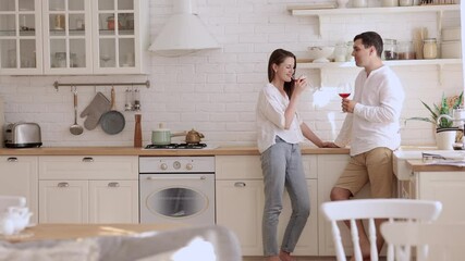 Young couple in love talking and drinking wine while standing in home kitchen room spbi. Happy wife, husband look with smiles and talk, drink red beverage and stand in light interior. 4k video Happy - Powered by Adobe