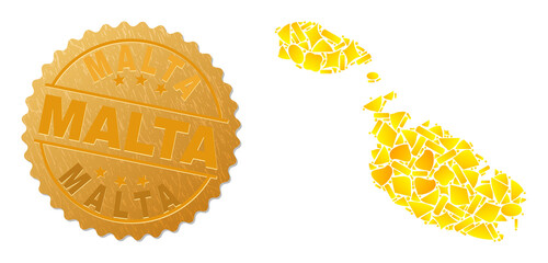 Golden collage of yellow elements for Malta map, and golden metallic Malta seal imitation. Malta map collage is made of scattered golden elements.