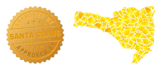 Golden composition of yellow parts for Santa Catarina State map, and golden metallic Approved By Santa Claus badge. Santa Catarina State map composition is composed of randomized golden.