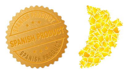 Golden composition of yellow fractions for Lleida Province map, and golden metallic Spanish Product seal imitation. Lleida Province map composition is formed from scattered golden spots.