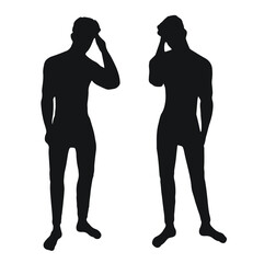 two boys silhouettes touching with hand on the head like say hi or have a problem