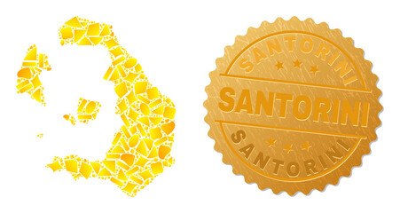 Golden combination of yellow items for Santorini Island map, and golden metallic Santorini stamp seal. Santorini Island map composition is organized with random golden items.