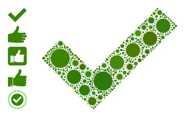 Yes tick mosaic icon. Vector mosaic is created with randomized bacterium icons. Virulent collage yes tick icon, and additional icons. Yes tick mosaic for isolation images.