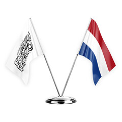 Two table flags isolated on white background 3d illustration, afghanistan and netherlands