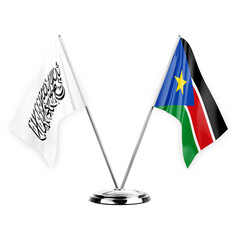 Two table flags isolated on white background 3d illustration, afghanistan and south sudan