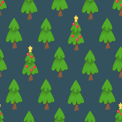 Seamless pattern with Christmas trees and garlands on a dark background. Vector illustration in minimalistic flat style, hand-drawn. Christmas minimalist print for textile, print design, postcards.