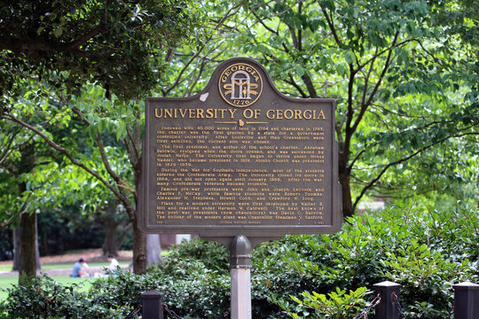 Athens, GA, USA - July 29, 2020: A sign near an entrance to the University of Georgia. The University of Georgia is a public research University in Athens, Georgia.