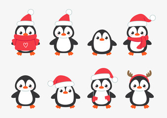 Set of cute penguins in New Year's Christmas clothes. Characters of the north in red hats and scarves. Vector illustration of animals in cartoon children's style. Isolated funny clipart