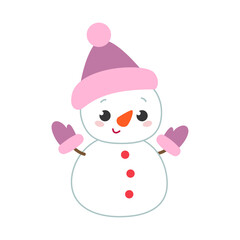 Cute happy snowman in a pink hat and gloves. Christmas character in a New Year's hat. Colored flat vector illustration of cute snowy baby isolated on white background.