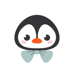 Cute happy penguin with green bow tie. Baby penguin avatar. Christmas character. Colored flat vector illustration of a cute animal isolated on white background.