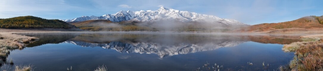 Fototapeta na wymiar Panorama of Altai lake Dzhangyskol on mountain plateau Eshtykel. Altai, Siberia, Russia