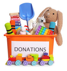 Donation box and different toys isolated on white