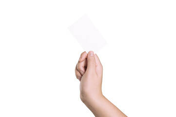 Female hand holding a blank business card on white background