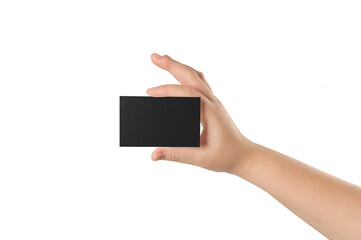Hand holding a black business card on white background