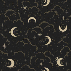 Vector naadloos patroon met wolken, manen en sterren. Gouden decoratief ornament. Grafisch maanpatroon voor astrologie, esoterisch, tarot, mystiek en magie. Luxe elegant ontwerp.