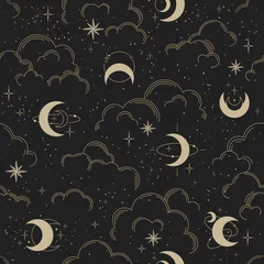 Gordijnen Vector naadloos patroon met wolken, manen en sterren. Gouden decoratief ornament. Grafisch maanpatroon voor astrologie, esoterisch, tarot, mystiek en magie. Luxe elegant ontwerp. © Valedi 
