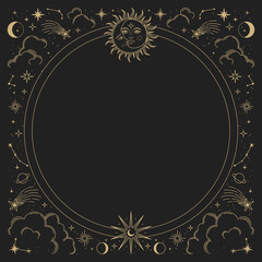 Magic vector frame with sun, moon, stars and constellations. Gold elegant ornament. Mystic frame for tarot, esoteric, astrology design. Template for poster and prints.